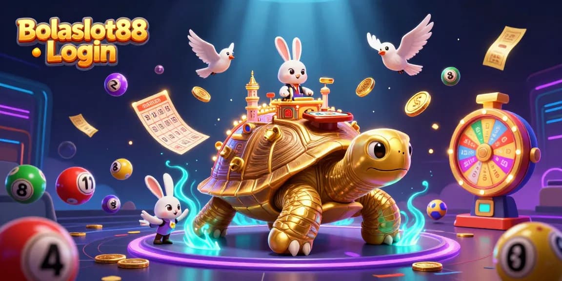 Experience the thrill of Bolaslot88 Login with an interactive 3D casino illustration featuring a golden tortoise and exciting game elements.