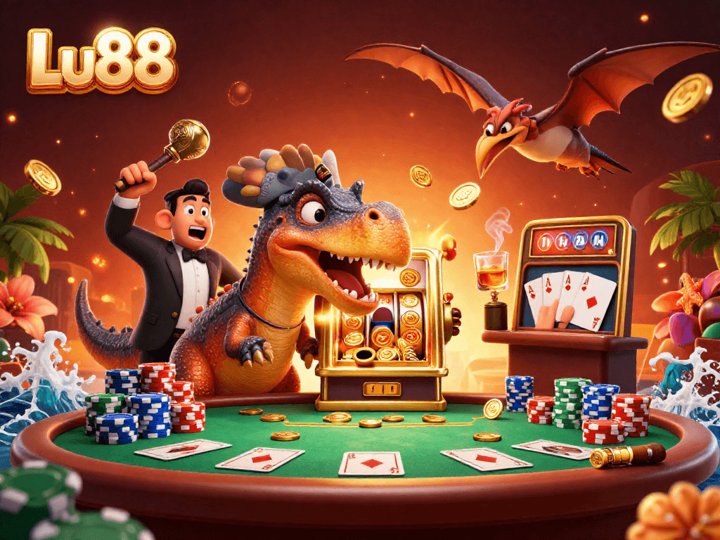 Lu88 offers an exciting casino experience with vibrant scenes of a pachycephalosaurus winning jackpots.