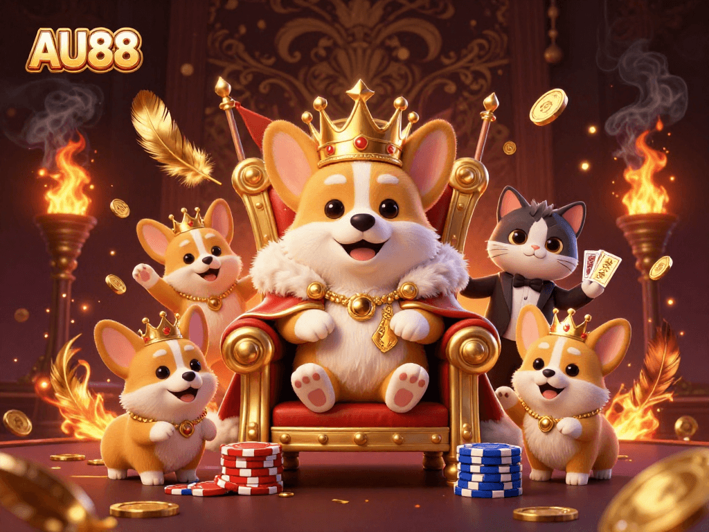 Experience excitement at AU88 with a royal corgi, cat butler, and casino elements!