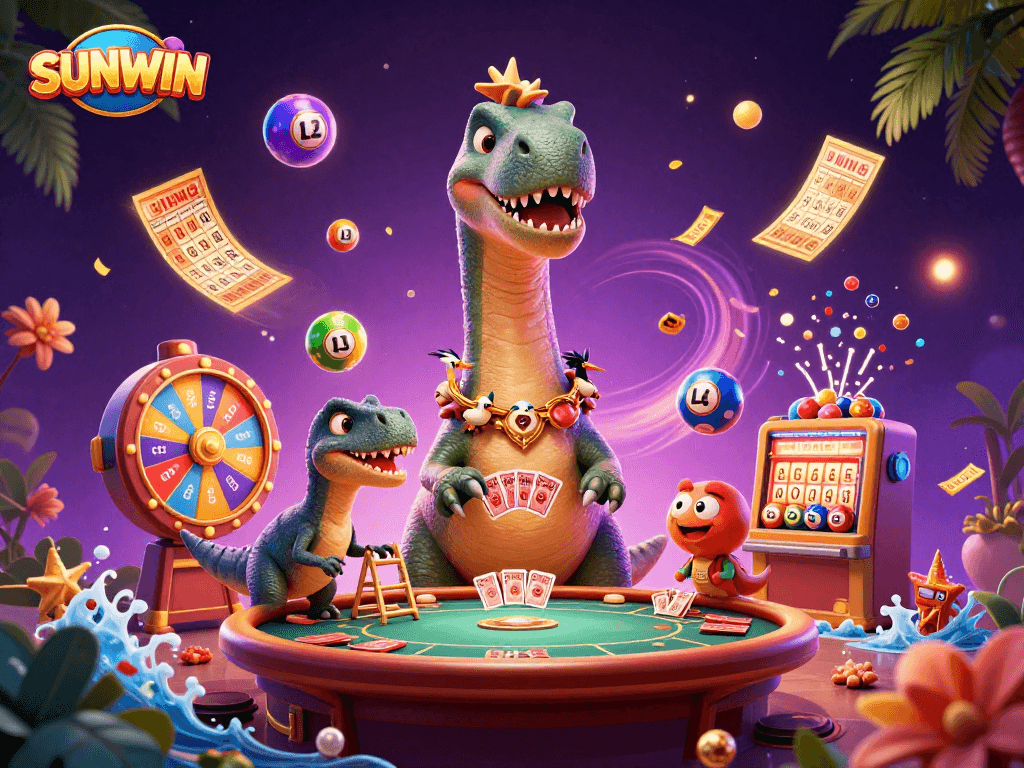 SUNWIN creates a vibrant casino universe with a giant brontosaurus and clever raptor dealing cards dynamically.