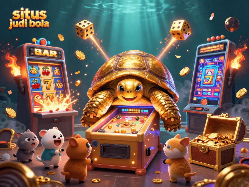 Experience thrilling situs judi bola action with a golden tortoise pinball machine and jackpot imagery.