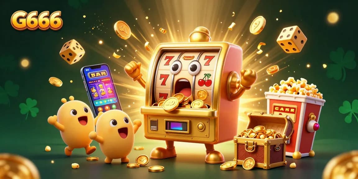 G666 slot machine surprises players with a winning jackpot, as smaller machines cheer in this dynamic casino scene.