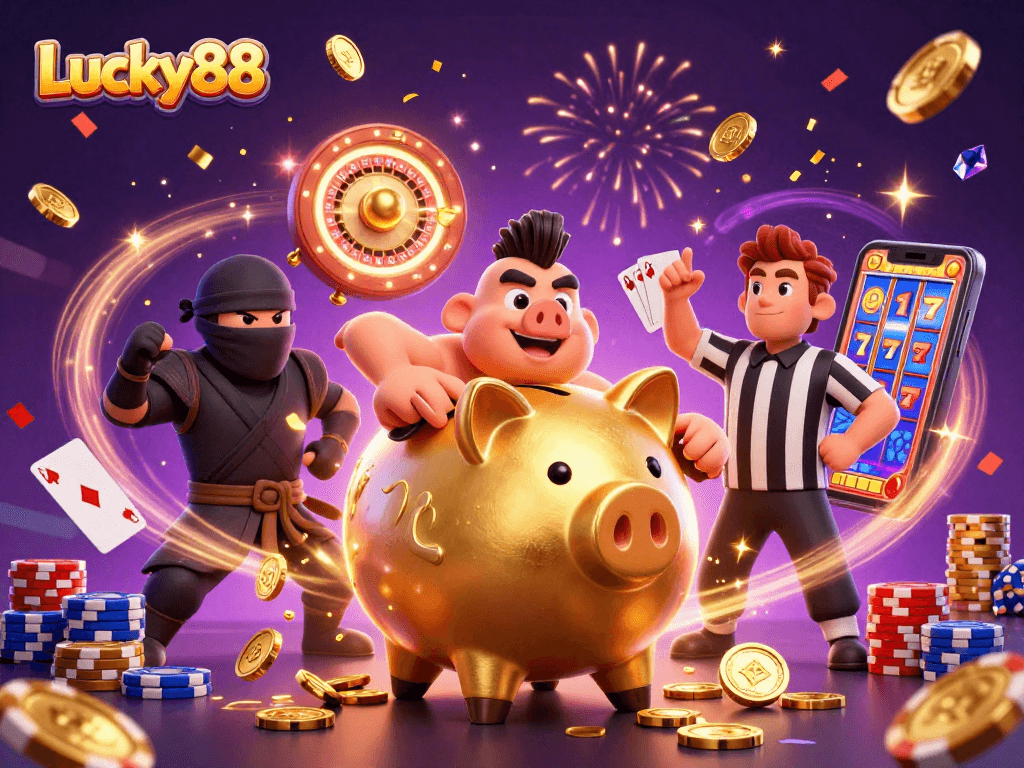 Engage with Lucky88's thrilling gaming experience featuring a golden piggy bank sumo wrestler amidst animated casino elements.