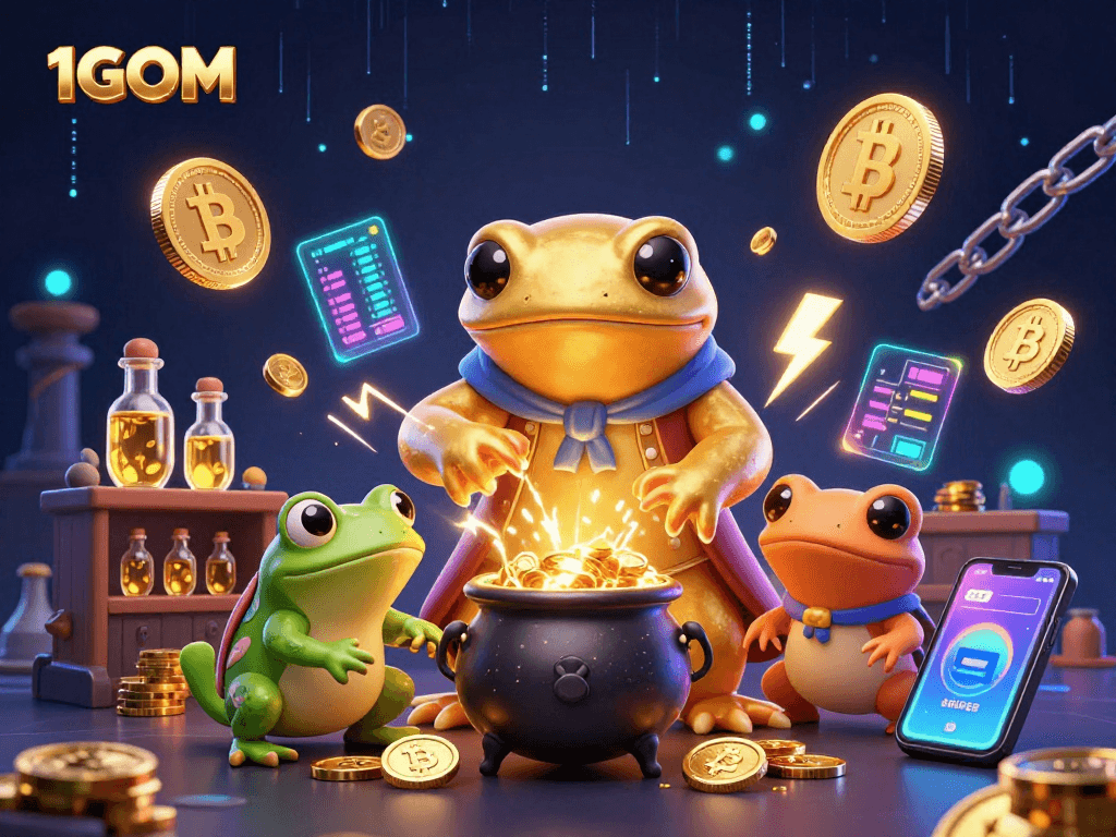 Experience the thrilling world of sports betting with 1GOM's engaging casino scene featuring gold coins and crypto elements.