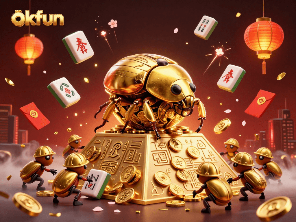 Engage in thrilling fun at okfun as golden beetles roll coin treasures at a casino pyramid.