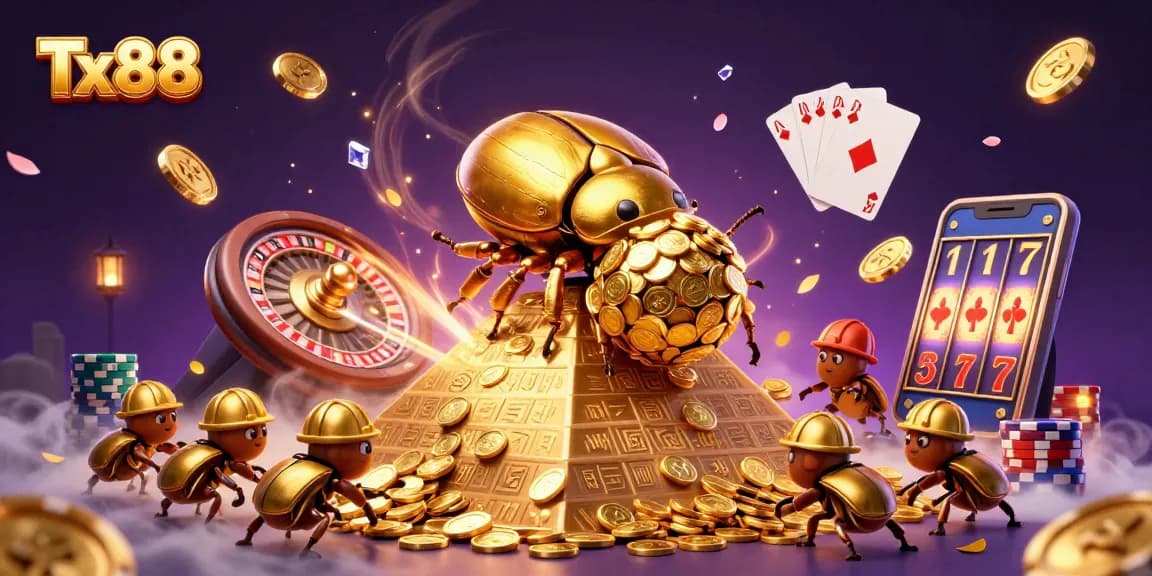 Experience exhilarating wins at Tx88, where golden coins cascade from a massive beetle and casino symbols light up the scene.