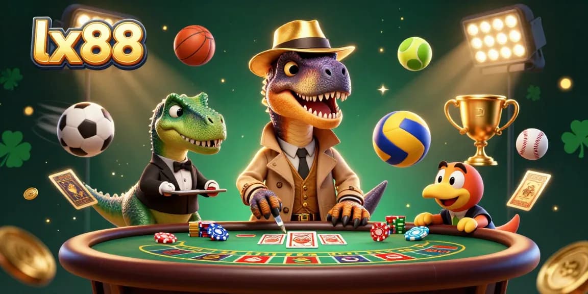 Engage with the exciting blackjack scene at lx88 featuring a clever velociraptor card counter amidst dynamic sports elements.