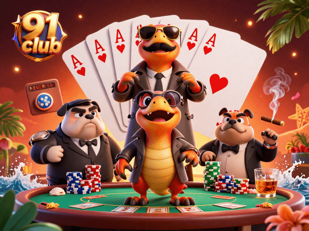 Engage in thrilling bets at 91 club featuring vibrant gaming scenes and poker elements.