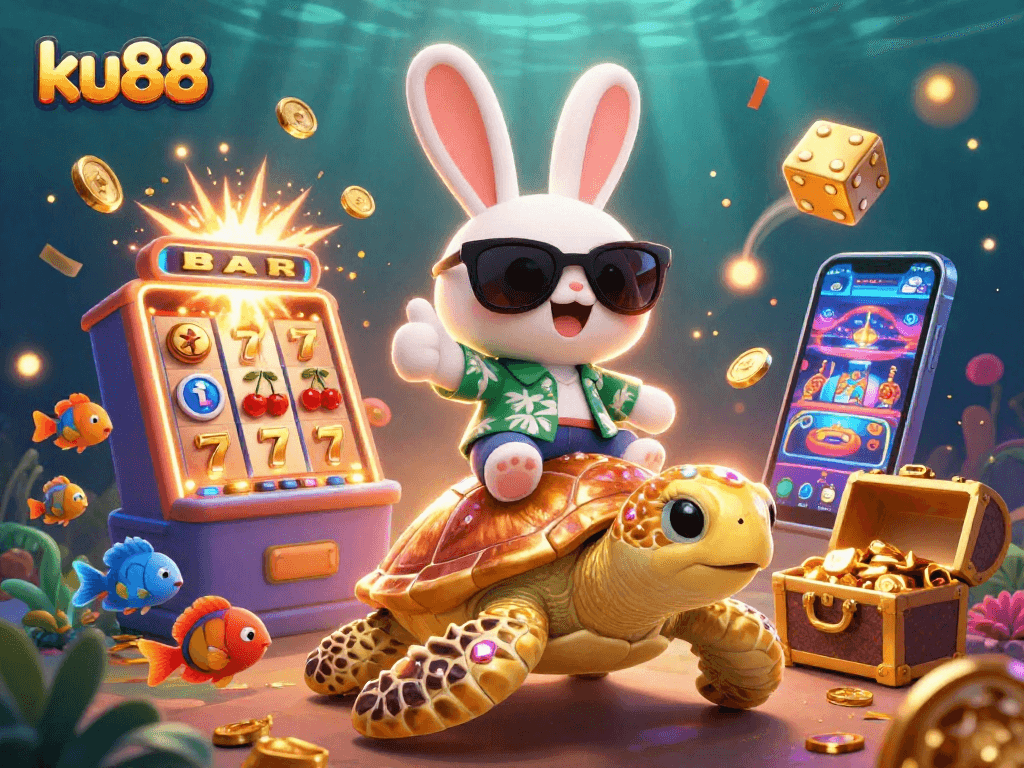 ku88 rewards players with exciting adventures in this vibrant casino-themed illustration.