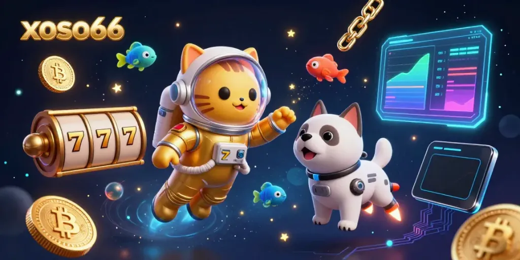 Experience the excitement of xoso66 with a dynamic casino scene featuring a space astronaut cat, robot dog, and alien fish amidst vibrant slot machines and crypto coins.