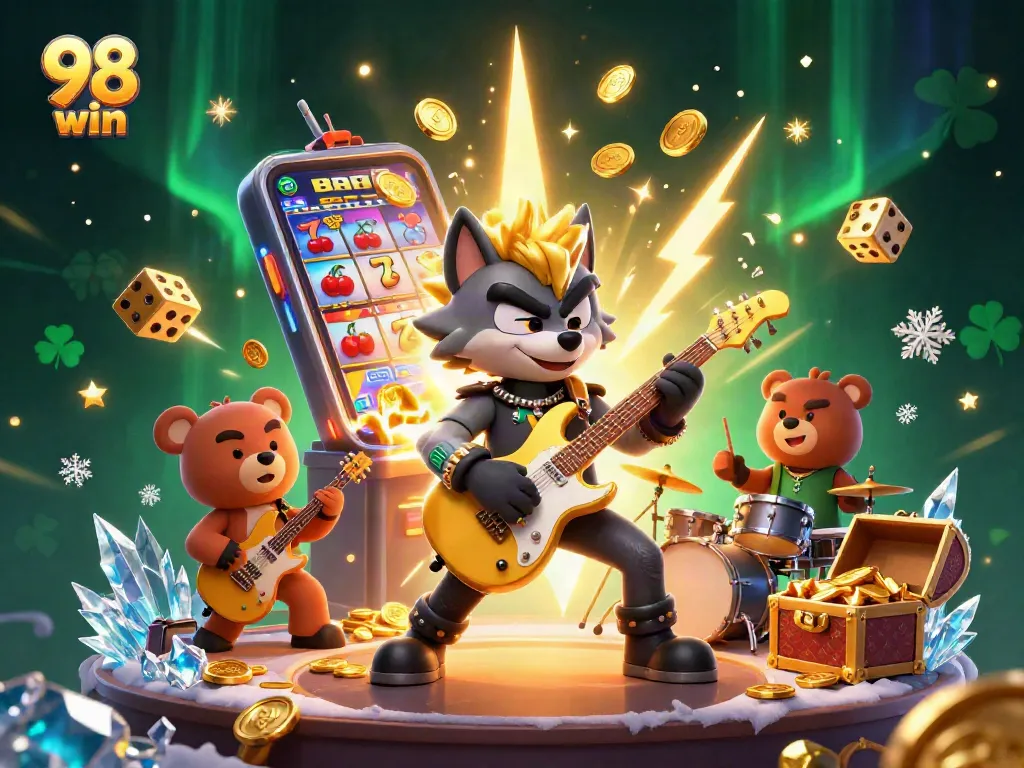 Experience the thrill of 98 win with a vibrant casino scene featuring dynamic 3D characters and exciting game elements.