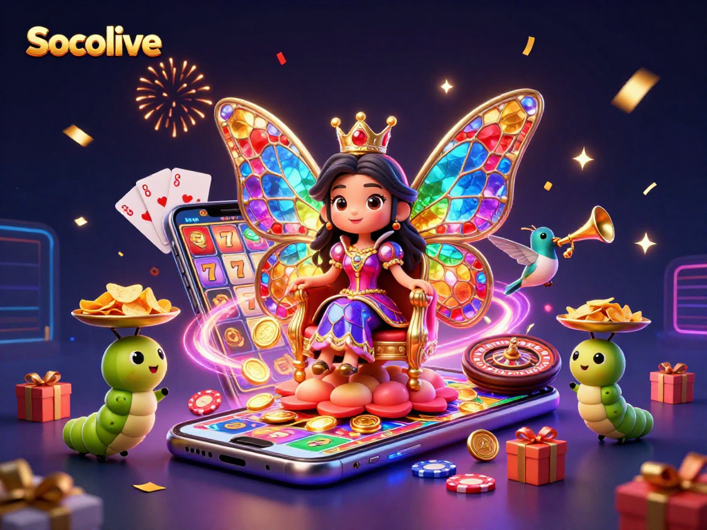 Socolive slot game setup with a butterfly queen and vibrant casino elements.