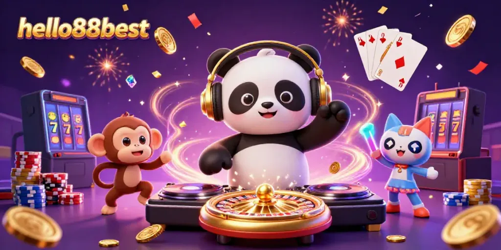 Engage in gaming excitement with hello88best as DJ panda and friends celebrate casino thrills.