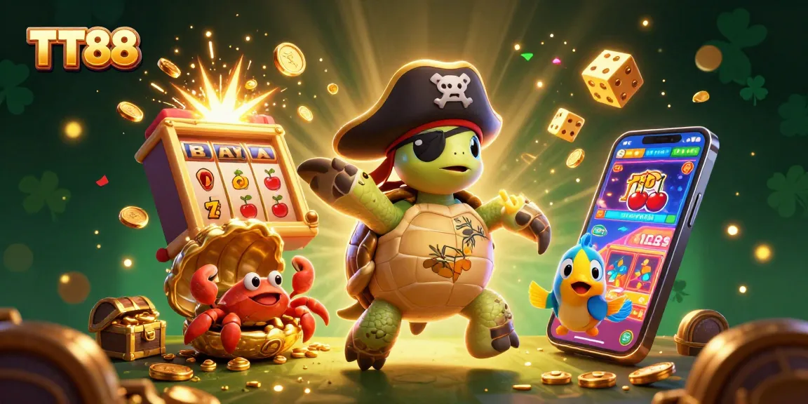 Experience TT88's vibrant 3D illustration featuring slot machines, treasure, and lively characters in an engaging casino scene.