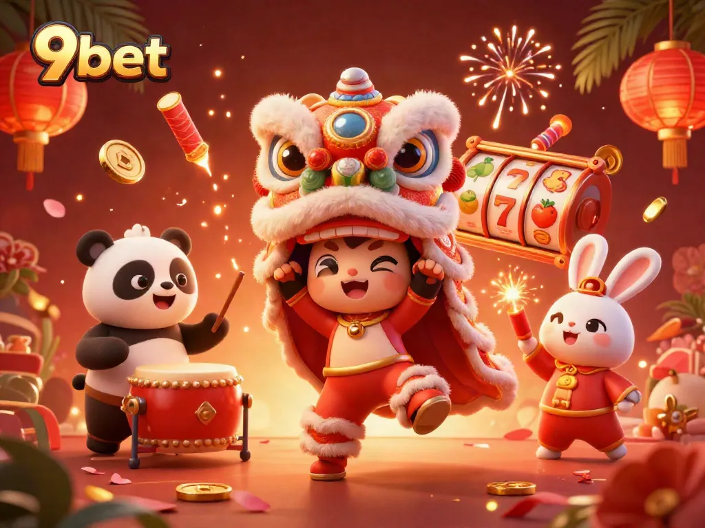 Engage with the vibrant 9bet casino scene featuring a lively lion dance, drumming panda, and festive decorations.