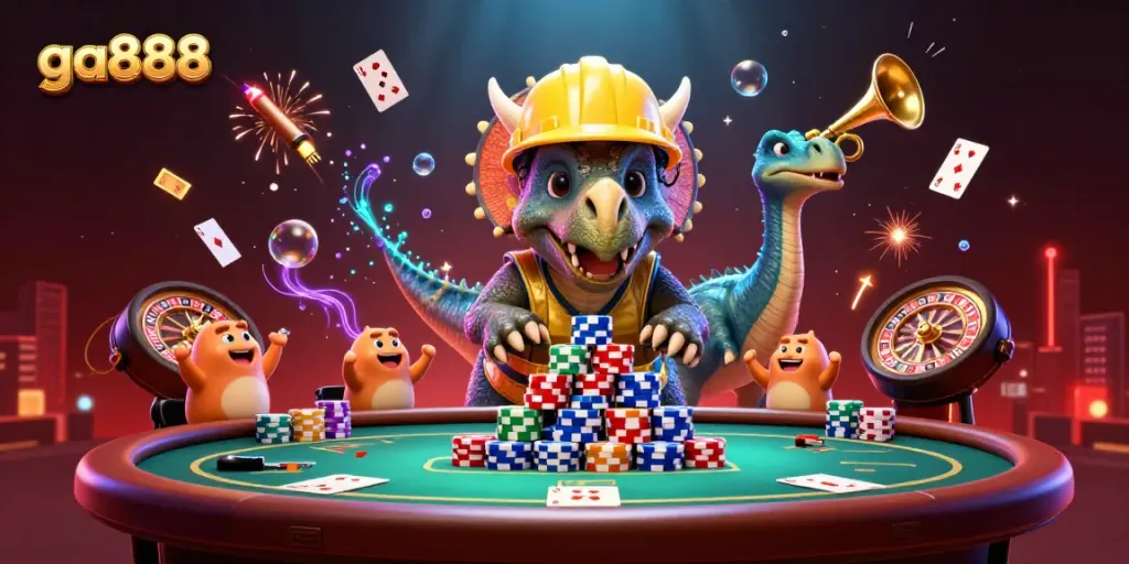 Experience the excitement of ga888 with a vivid celebration of casino gaming featuring lively dinosaur characters.