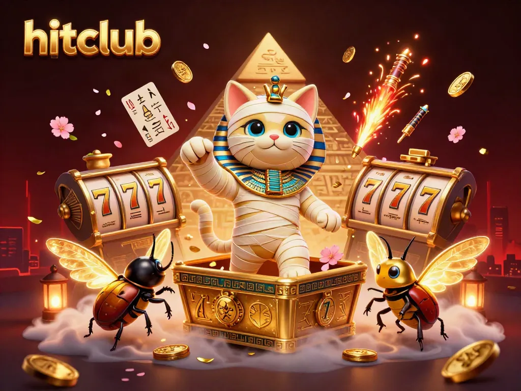 Witness the hitclub Egyptian mummy cat amidst a dynamic casino scene with vibrant elements and slot reels.