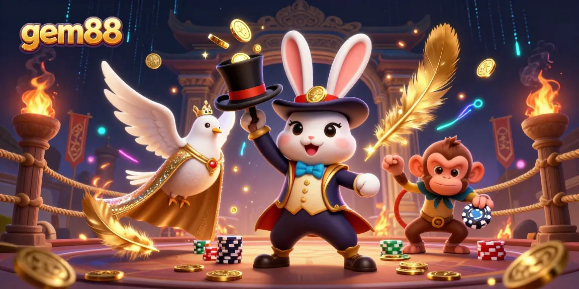 Experience the thrilling excitement of gem88, where a magician rabbit conjures gold and poker chips in a casino realm.