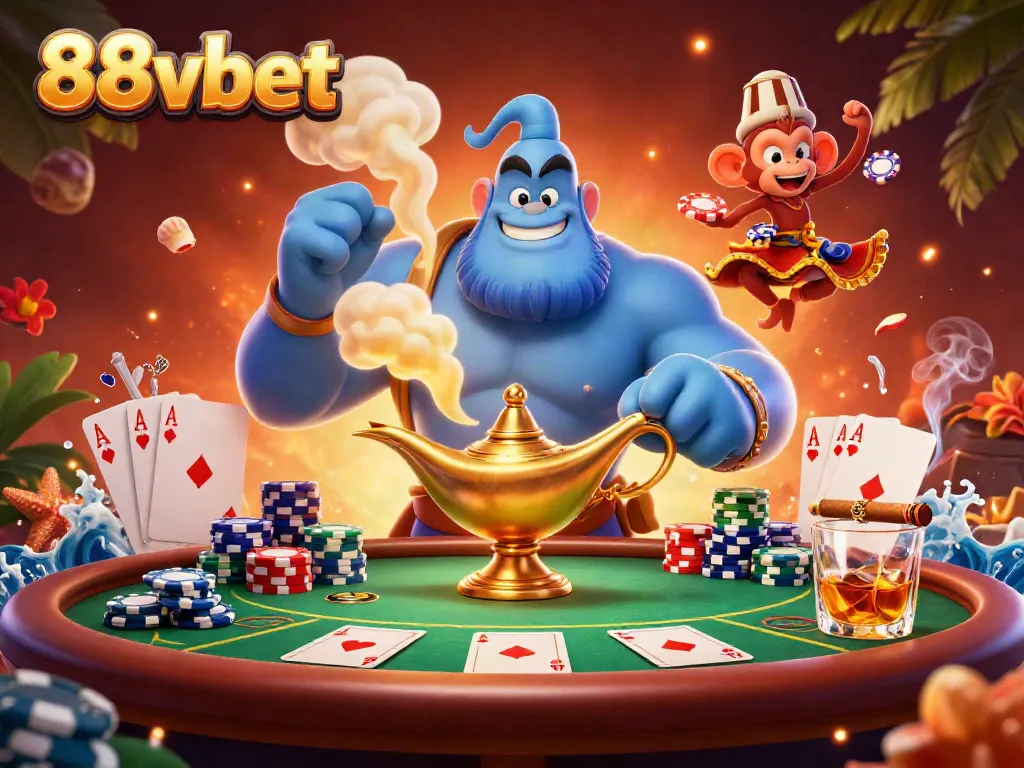 Experience the thrill of 88vbet with a vibrant 3D illustration of a genie, monkey, and poker elements.