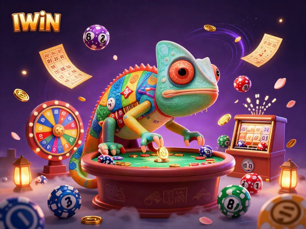 IWIN casino visualization featuring a dynamic chameleon owner and vibrant game elements.