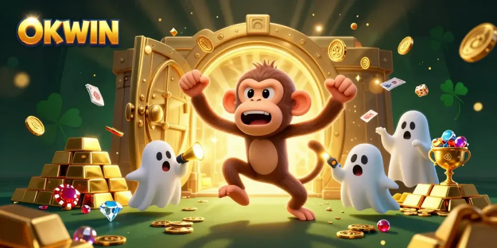 Catch the excitement with OKWIN as a mischievous poltergeist monkey juggles gaming treasures in a haunted casino.