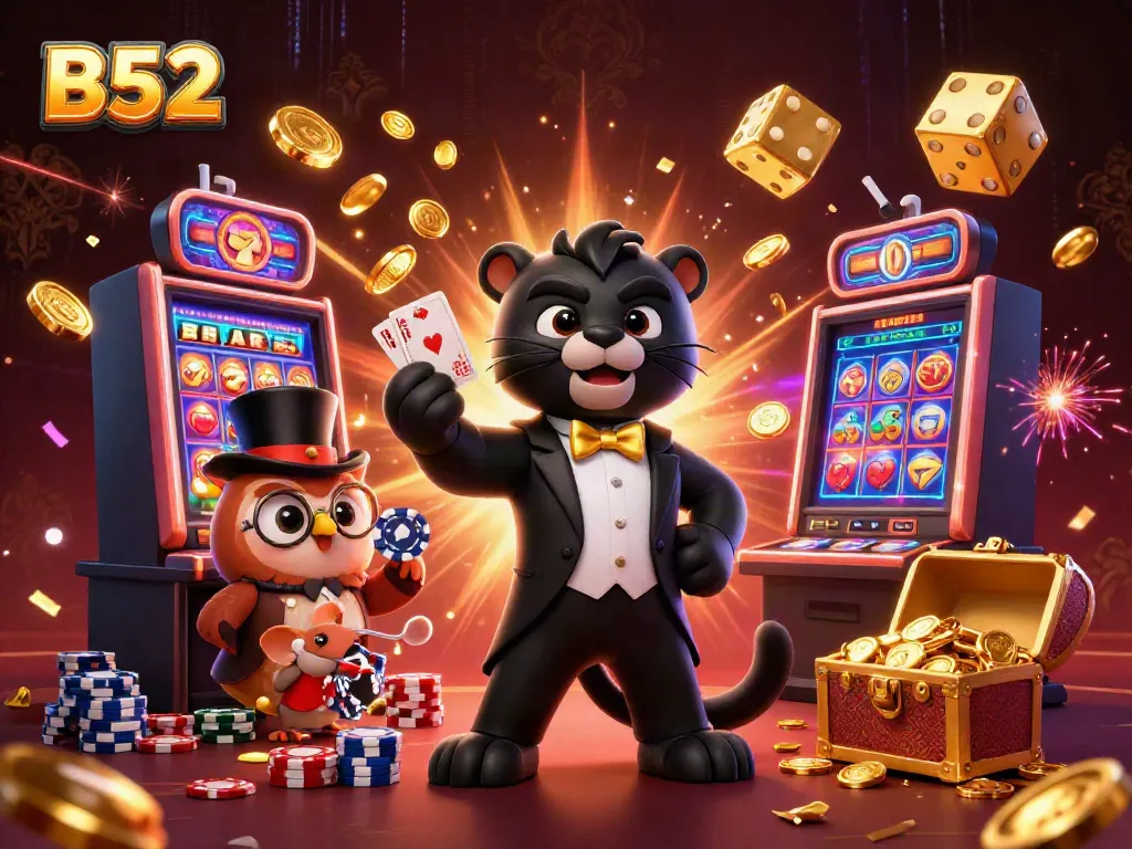 B52 live casino scene with a stylish panther dealer, vibrant slot elements, and a festive atmosphere.