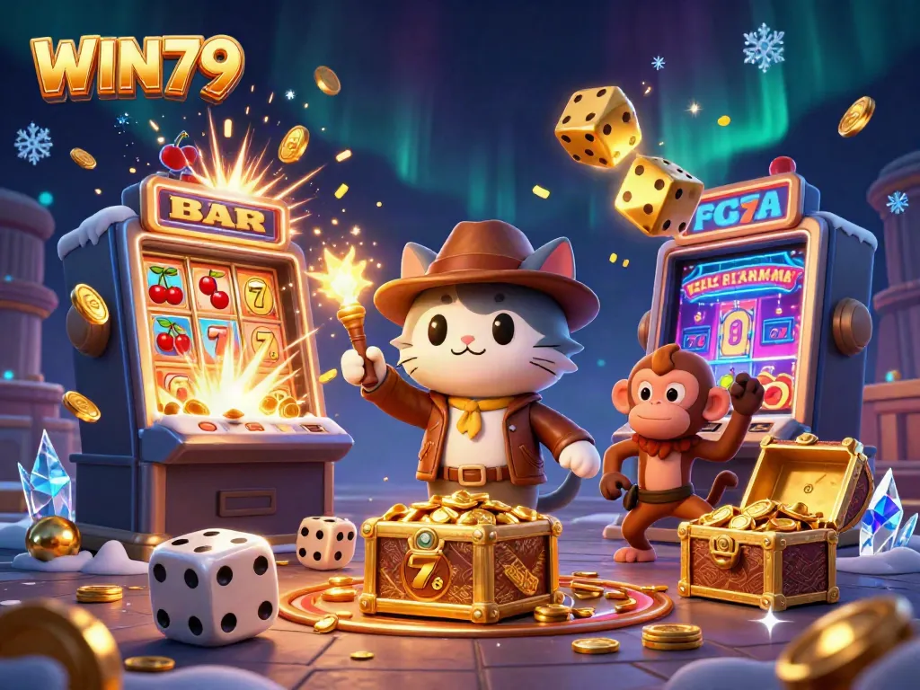 Experience the thrill of WIN79 with a lively casino adventure featuring vibrant slot machines and treasure.
