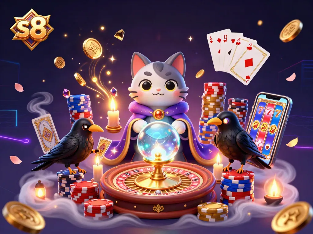 S8 players triumphantly wager amidst cascading coins and dazzling gems in an immersive casino experience.
