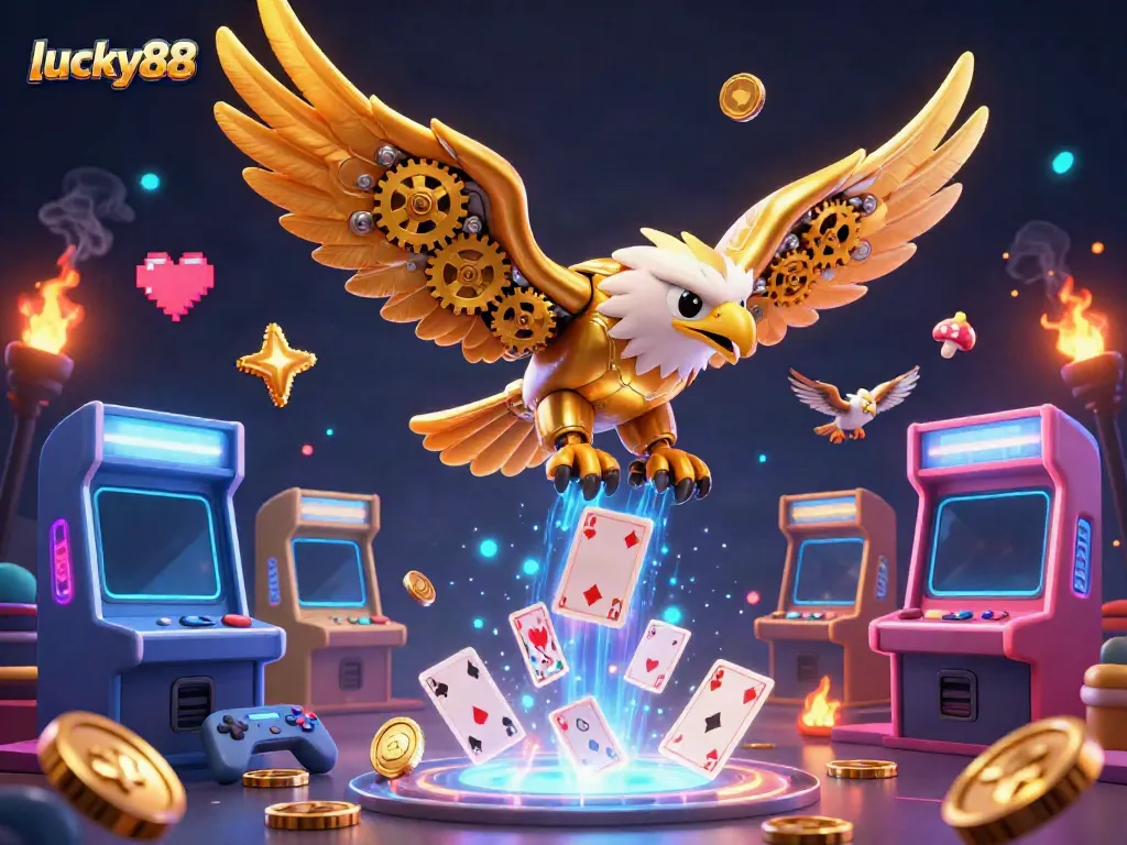 Experience thrilling wins with lucky88 in an ultra-detailed casino scene featuring golden eagle and arcade elements.