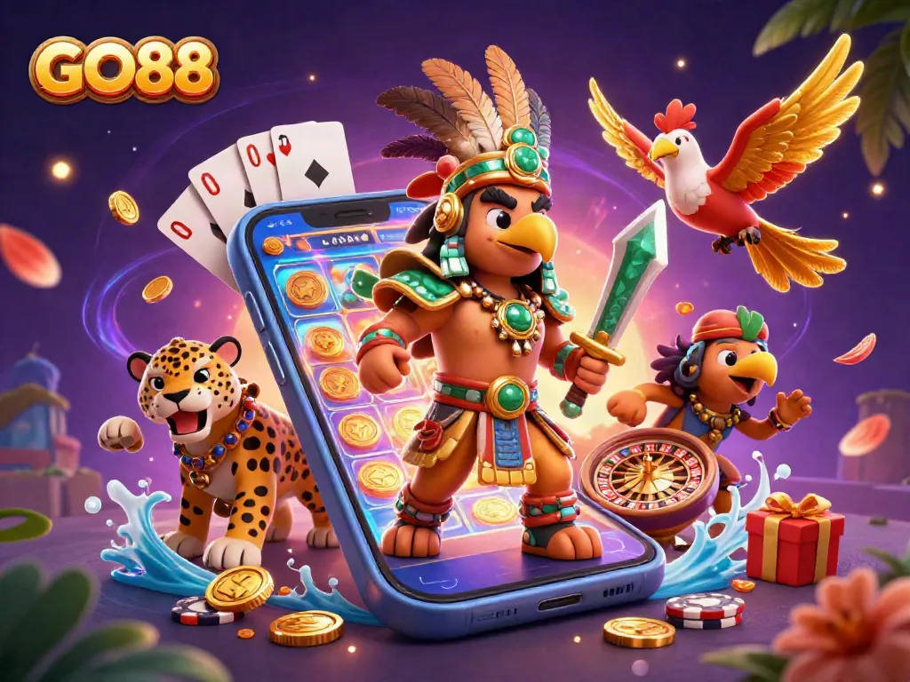 Experience the thrill of GO88 with 3D characters, slot games, and vibrant casino elements.