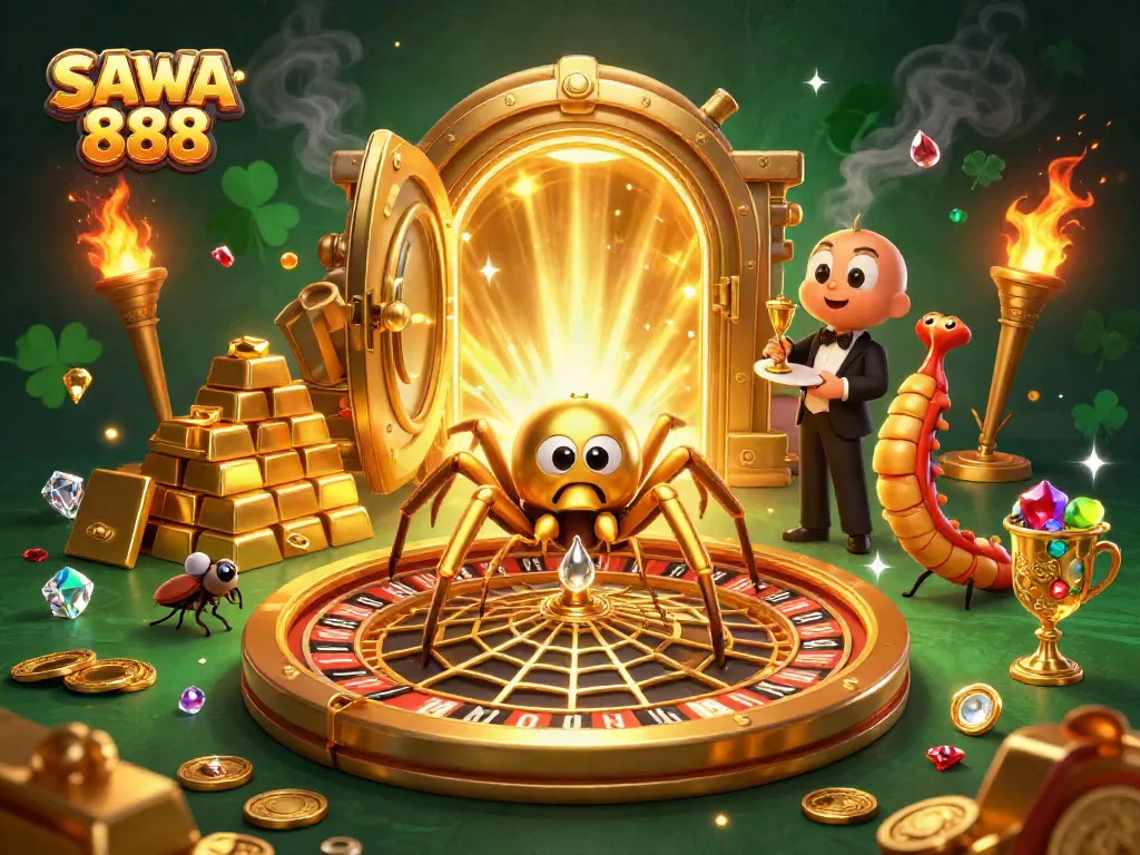 Sawa 888 empowers players in a rich casino scene with a spinning roulette web, showcasing vibrant gems and treasures.