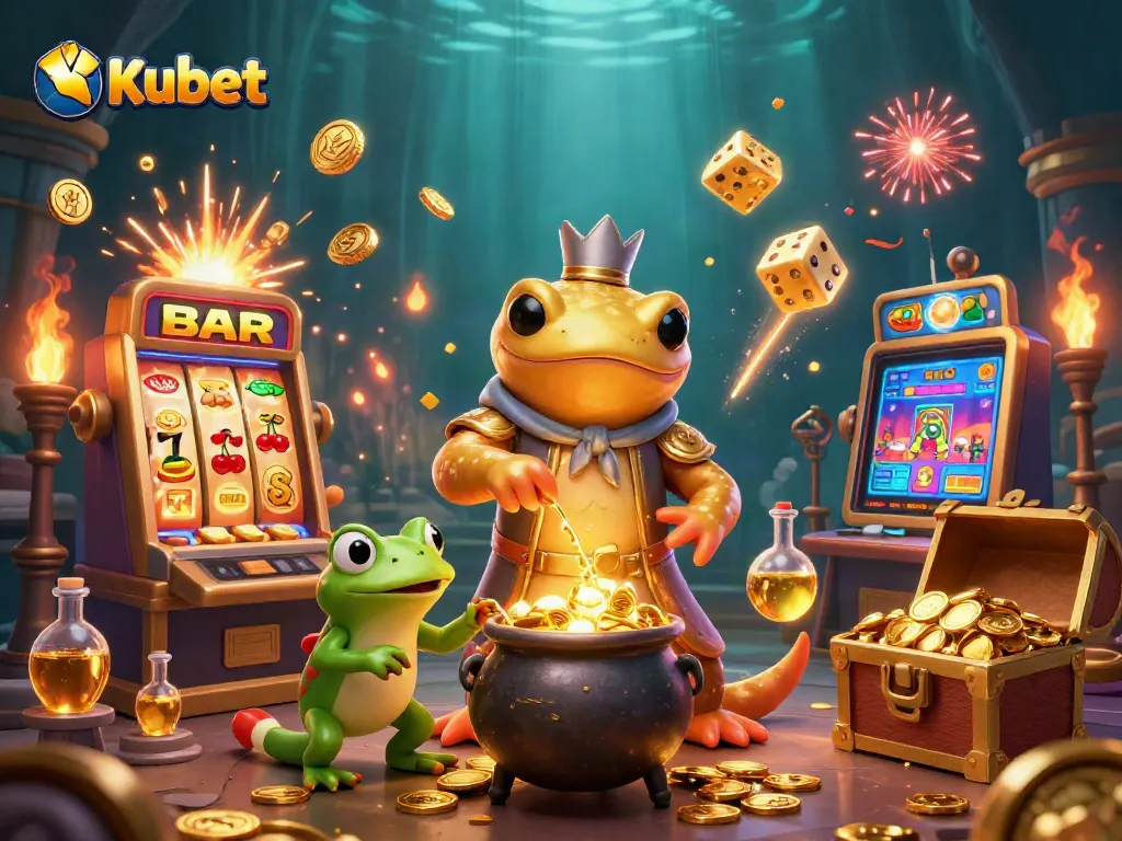 Kubet's engaging casino scene showcases a golden salamander alchemist creating gold coins, highlighting dynamic gaming elements.
