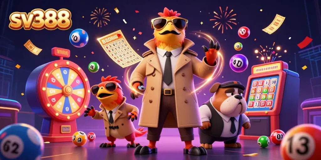 Watch sv388 raptors sneak into a VIP casino with colorful lottery balls and vibrant elements.