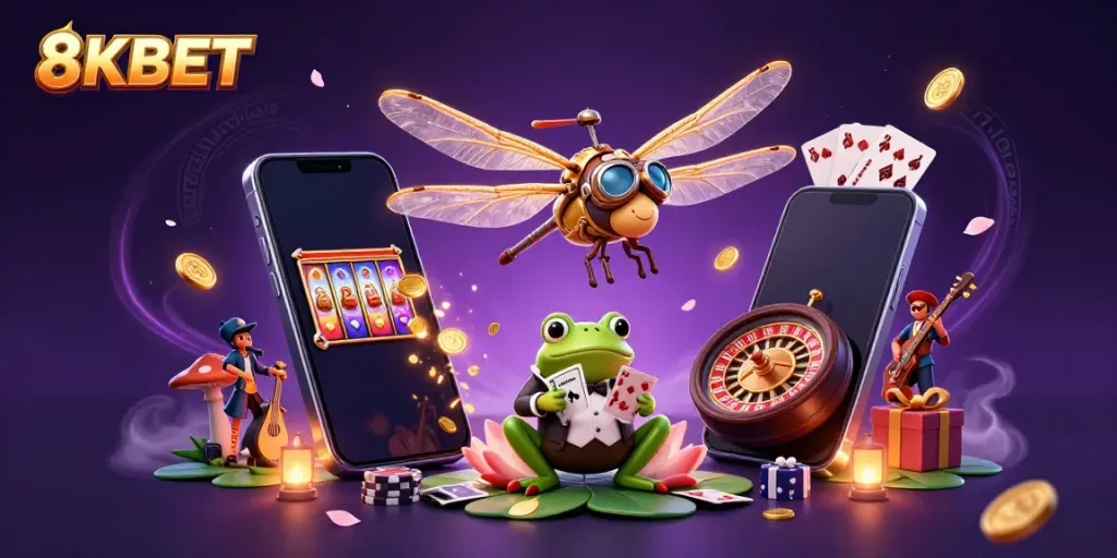 Experience the thrilling excitement of 8KBET casino with fun gaming characters and dynamic elements.