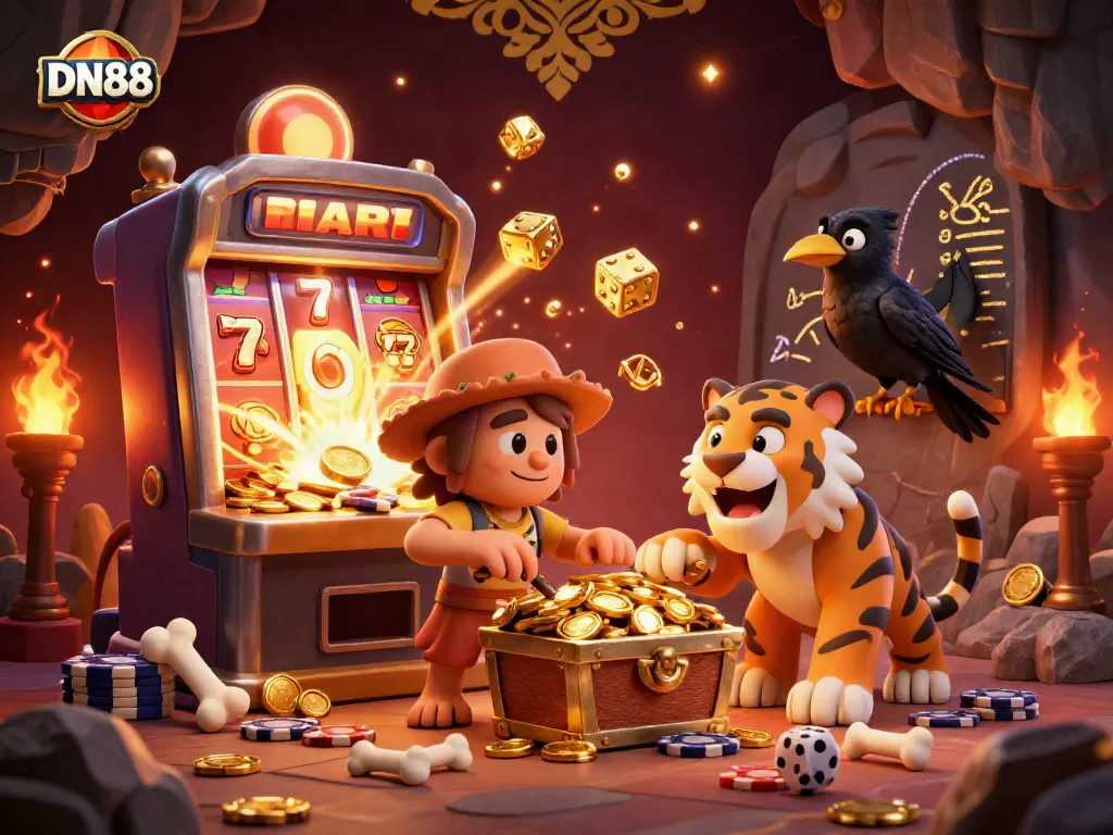 Experience DN88's vibrant prehistoric casino with a sabertooth and caveman duo and exciting jackpot elements.