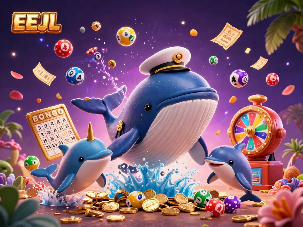 Experience EEJL's vibrant casino world with whales, dolphins, and lottery elements.