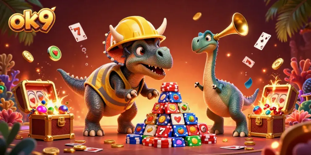 Engage with thrilling ok9 gaming moments as a triceratops builds a pyramid of poker chips.
