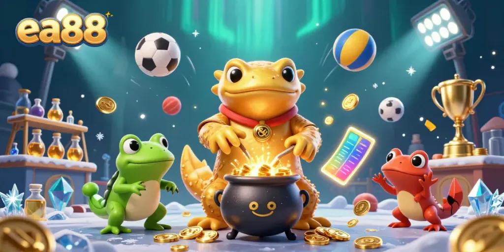 ea88 engages players with a vibrant, detailed 3D illustration of an alchemist turning metals into gold amid sports betting elements.