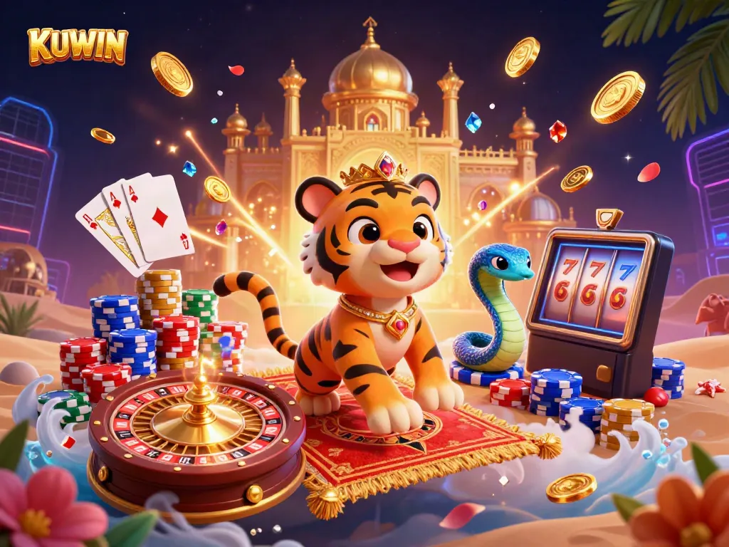 Experience the excitement of KUWIN's casino adventures with a vibrant 3D scene featuring a tiger sultan and treasures.
