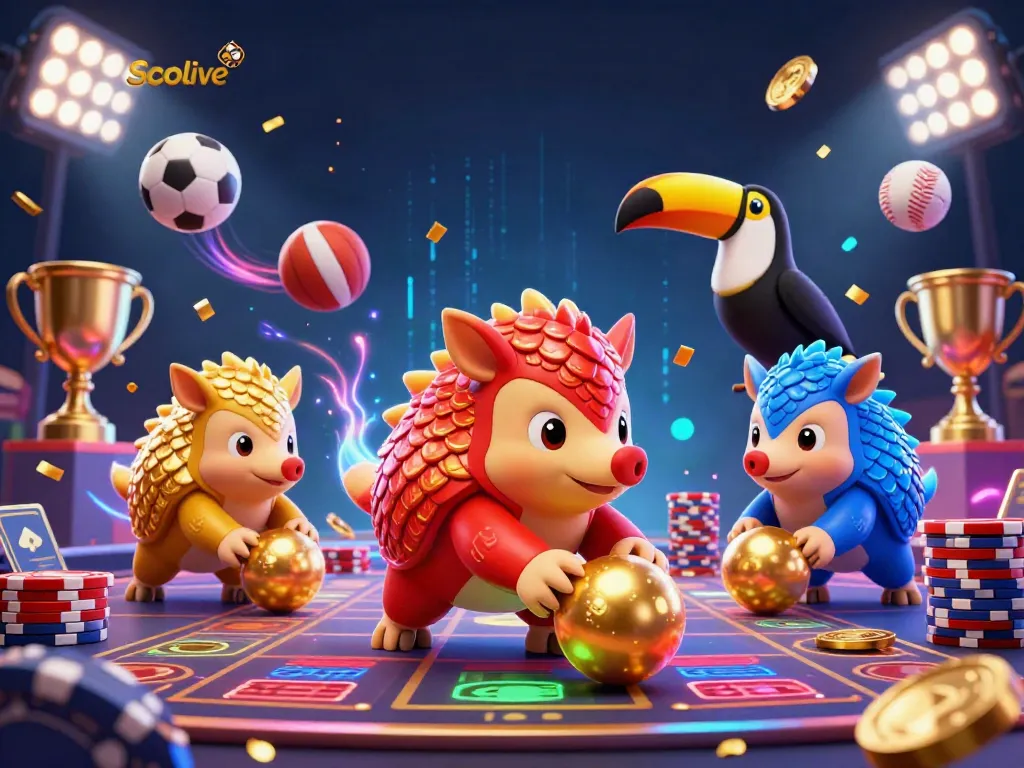 Socolive showcases pangolin rivals rolling into golden balls and bowling through poker chips, highlighting exciting betting action.
