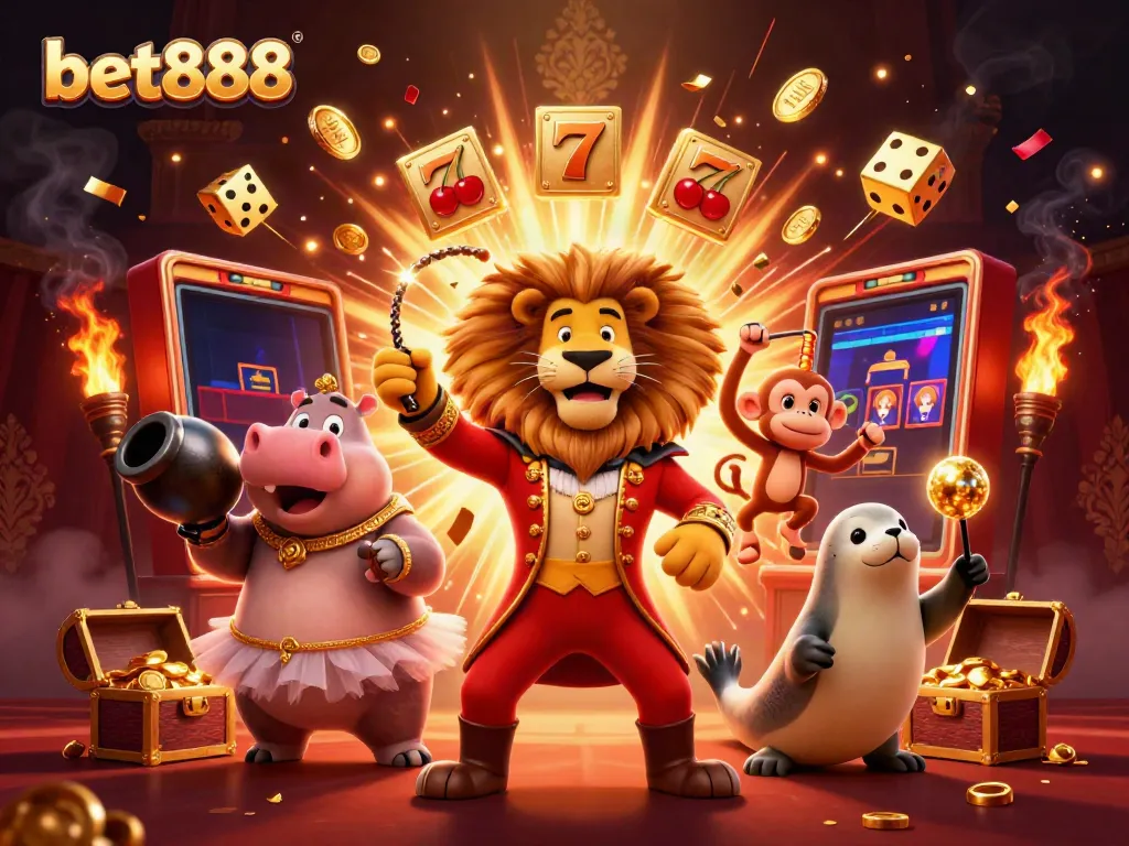 Bet888 showcases an exciting casino atmosphere with characters bursting forth from a dynamic jackpot scene.