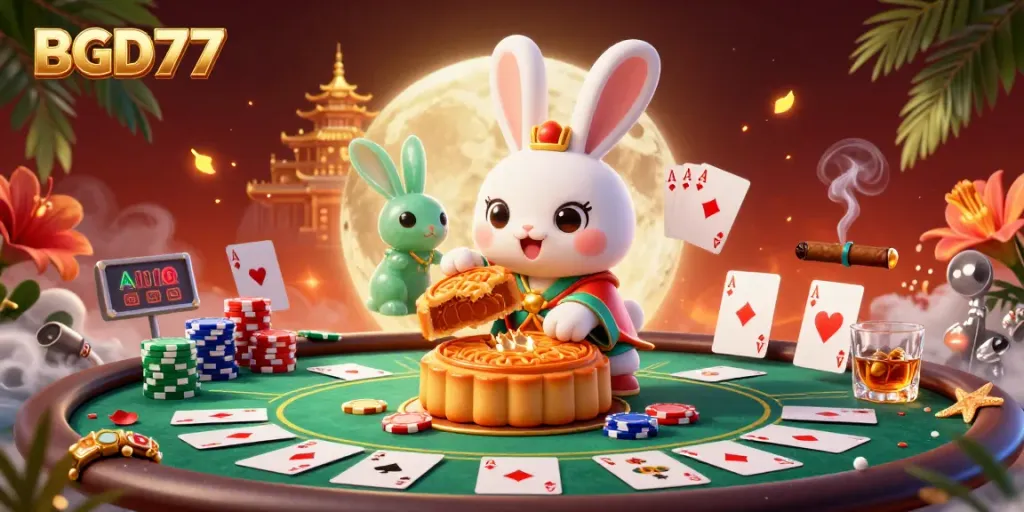 Experience the exciting casino atmosphere with BGD77, featuring a cartoon moon rabbit and poker elements.
