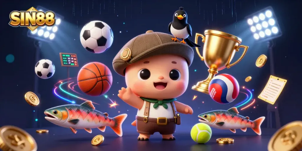 SIN88 showcases a vibrant 3D casino scene with dynamic sports elements and playful characters.