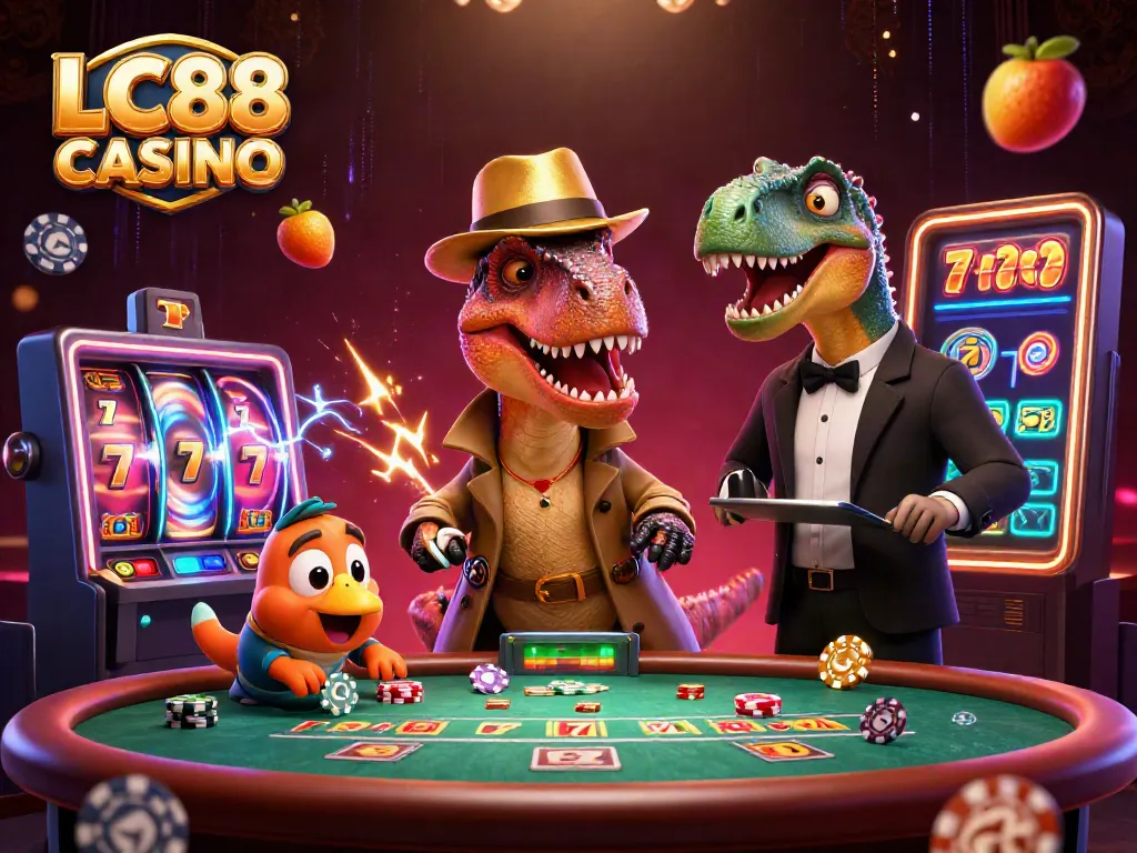Experience thrilling play at LC88 CASINO featuring animated velociraptor card counter and dynamic slots.
