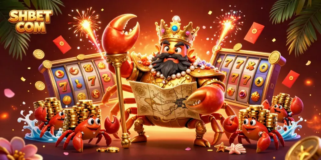 Experience thrilling gameplay at SHBET COM with a golden crab emperor amidst vibrant casino elements.