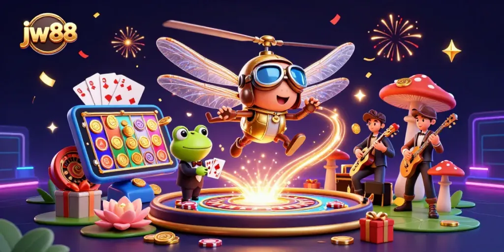 Engage with games at jw 88 while a frog dealer deals cards under magical fireworks.