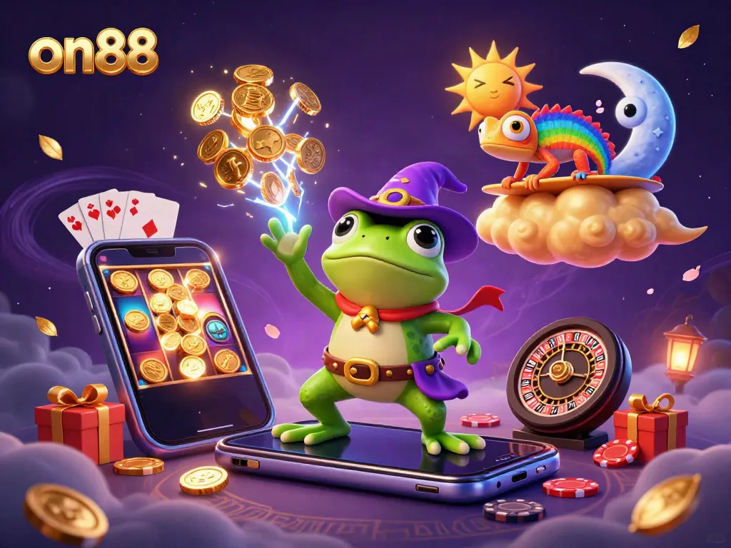 Engage with exciting on88 casino games as the wizard frog conjures golden coins amidst vibrant 3D elements.