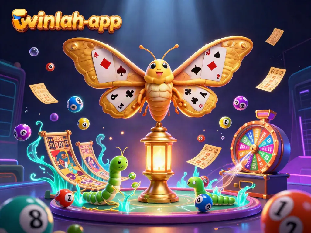 Winlah-app offers captivating casino scenes with a vibrant 3D cartoon moth and colorful elements.