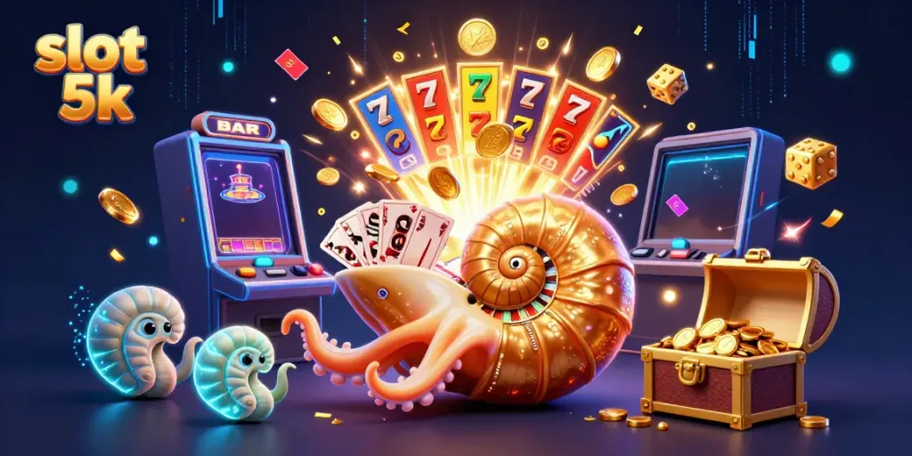 Experience excitement with slot 5k as ancient nautilus and treasure chest burst in a golden jackpot.