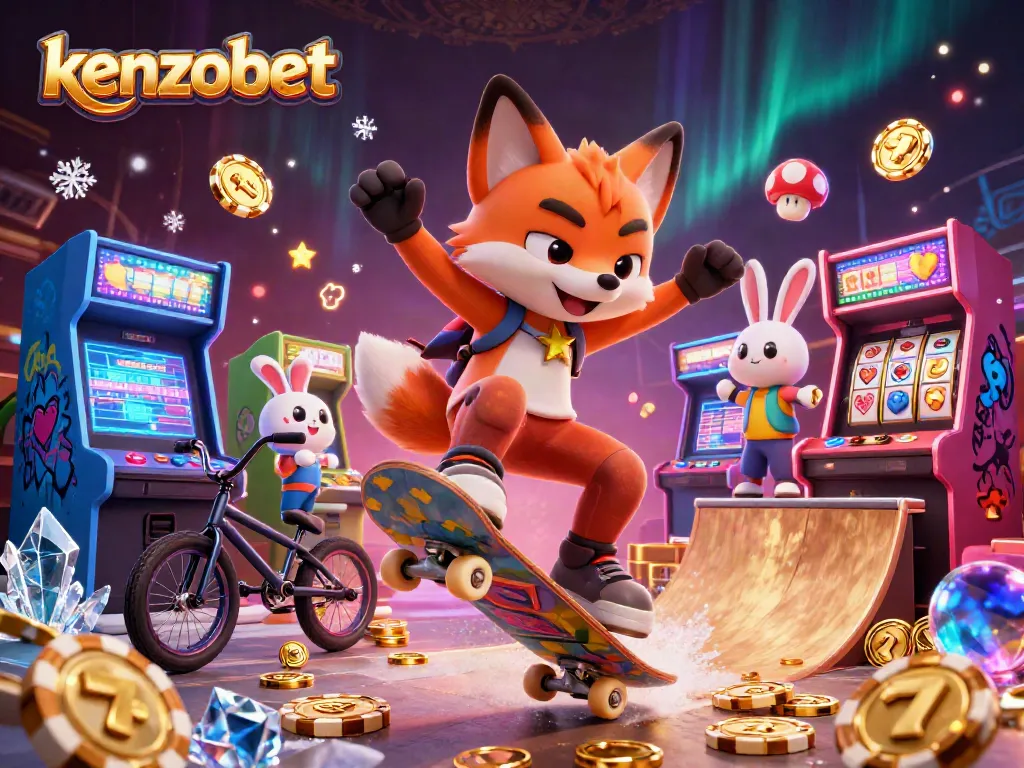Kenzobet features a thrilling 3D scene of a skateboarder fox and BMX rabbit performing stunts in a casino-themed arcade.